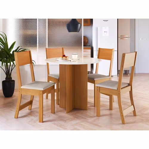 Mesa de Jantar Com 4 Cadeiras Linho 0.90x090 Circular / Alice– Freijó/Off White